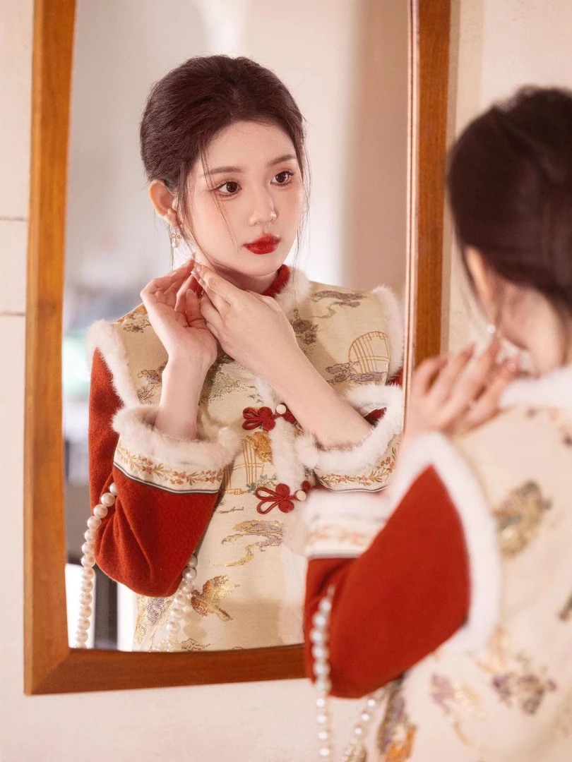 冬款旗袍秋冬两件套新中式温婉复古改良旗袍马甲连衣裙国风套装