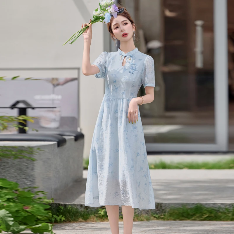 DUCURNO新中式改良旗袍连衣裙女2025夏季新款收腰显瘦气质高腰裙