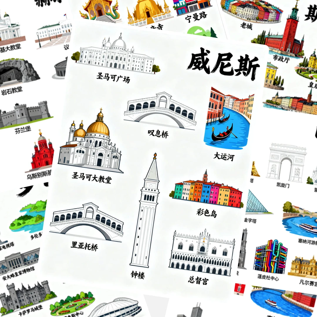 世界城市地标临摹卡儿童创意美术明信片马克笔卡通地理标志建筑图