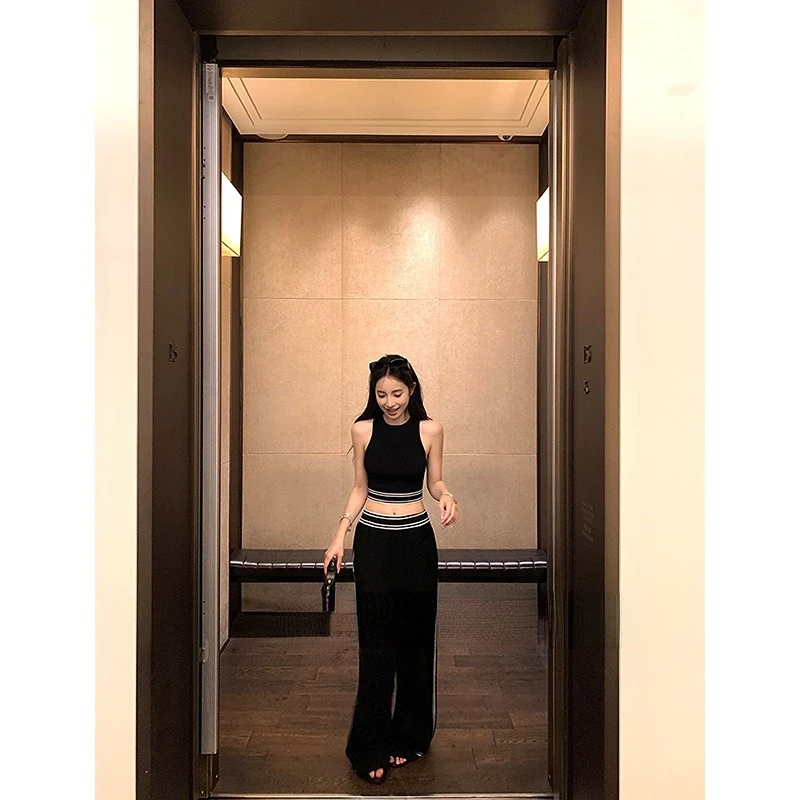 小香风气质夏季新款圆领打底背心修身上衣高腰垂感直筒裤长裤套装