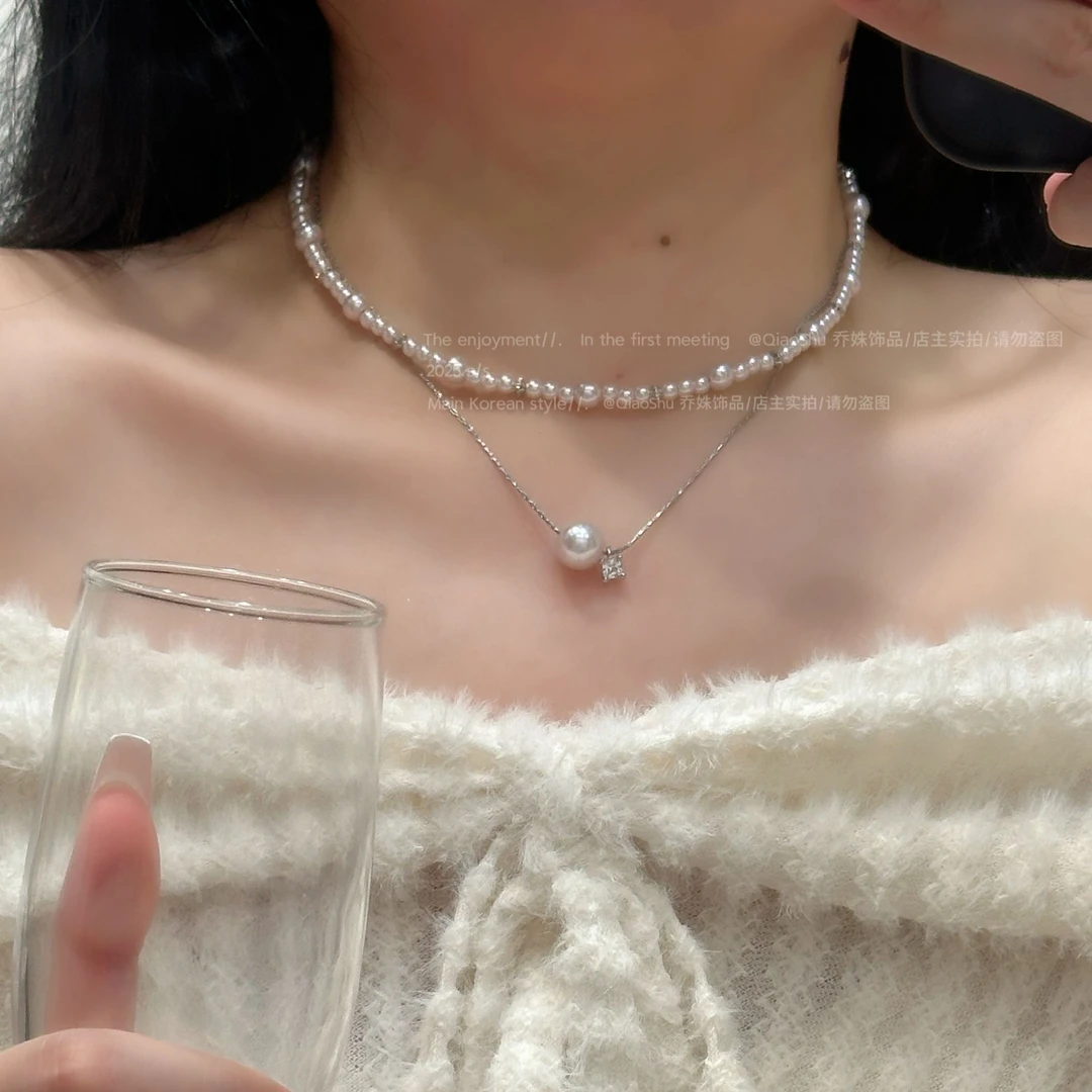 铜合金仿珍珠项链 A039法式双层珠珠项链女ins精致锁骨链叠戴（2条