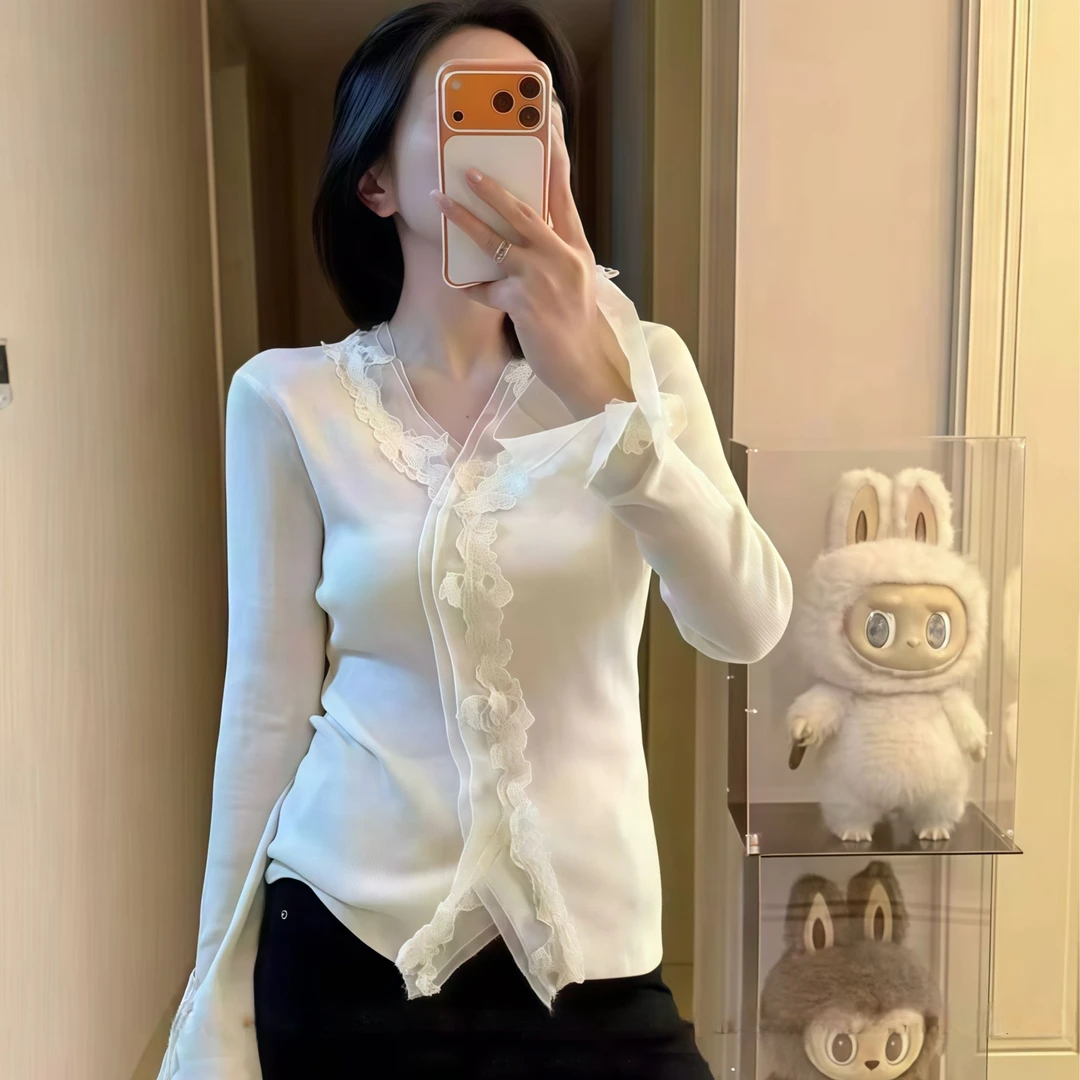 RuckierzINS风V领拼接蕾丝花美丽奴羊毛法式修身弹力针织衫#6567