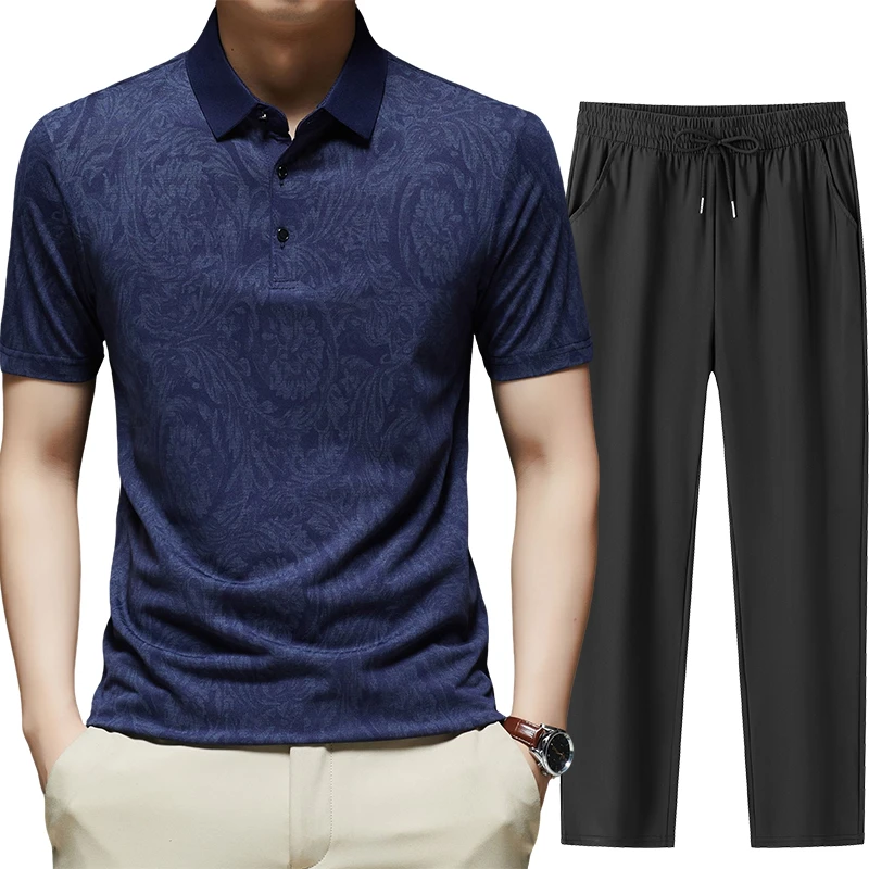 【国风套装】夏季翻领夏季男士抗皱翻领商务polo衫冰丝长裤休闲套装