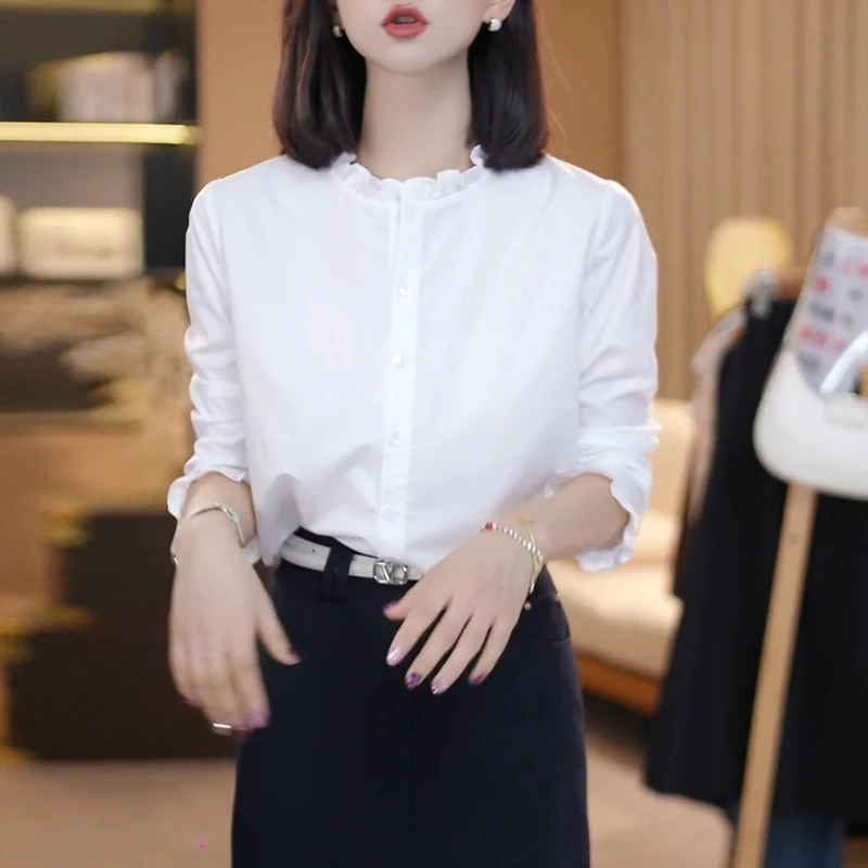 韩系高级感立领白色长袖衬衫女2025春秋新款衬衣气质宽松显瘦上衣