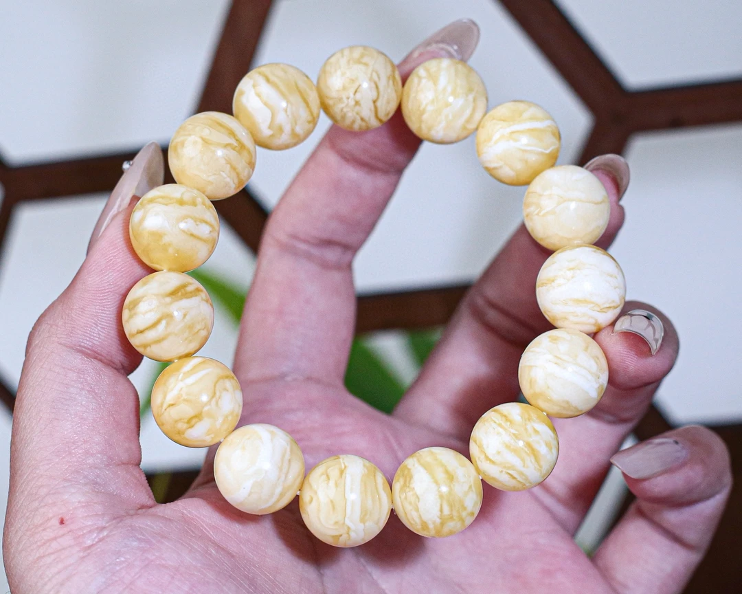 26.63 14+mm○琥珀蜜蜡白花蜡虎皮千层雪圆珠手串 纹理控看过来