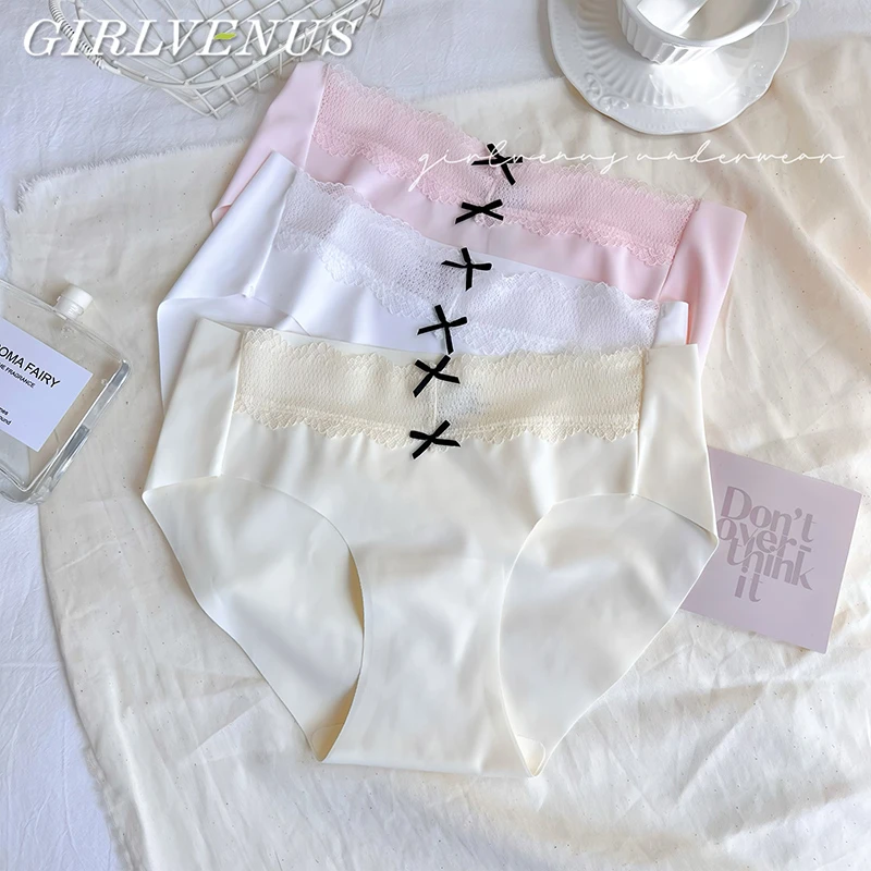 GIRLVENUS夏季薄款冰丝内裤中高腰女棉底档蕾丝边舒适透气三角裤