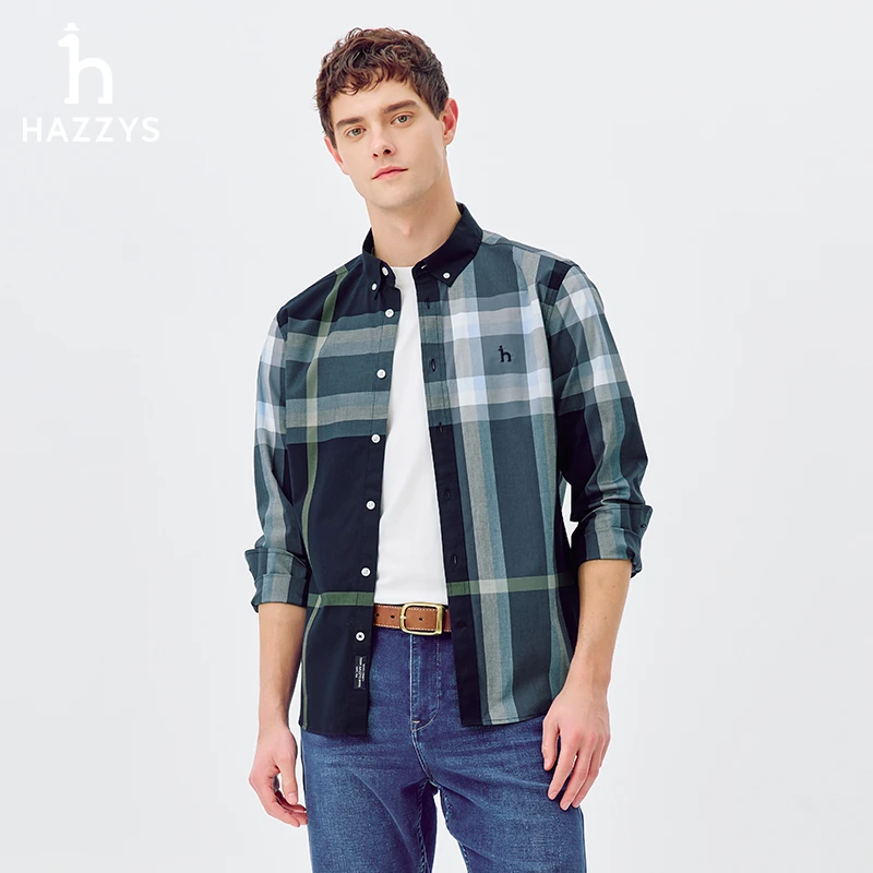 Hazzys哈吉斯男士格纹衬衫春夏商务长袖休闲衬衣格子