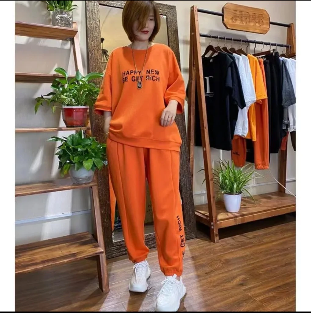 休闲运动服套装女2025早秋新款宽松大码小个子洋气短袖两件套965