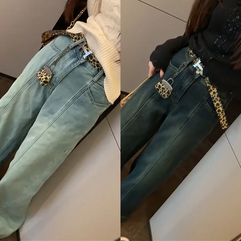 【mimius】七七 韩系解构显瘦遮胯加绒牛仔裤（含腰带） WF10121