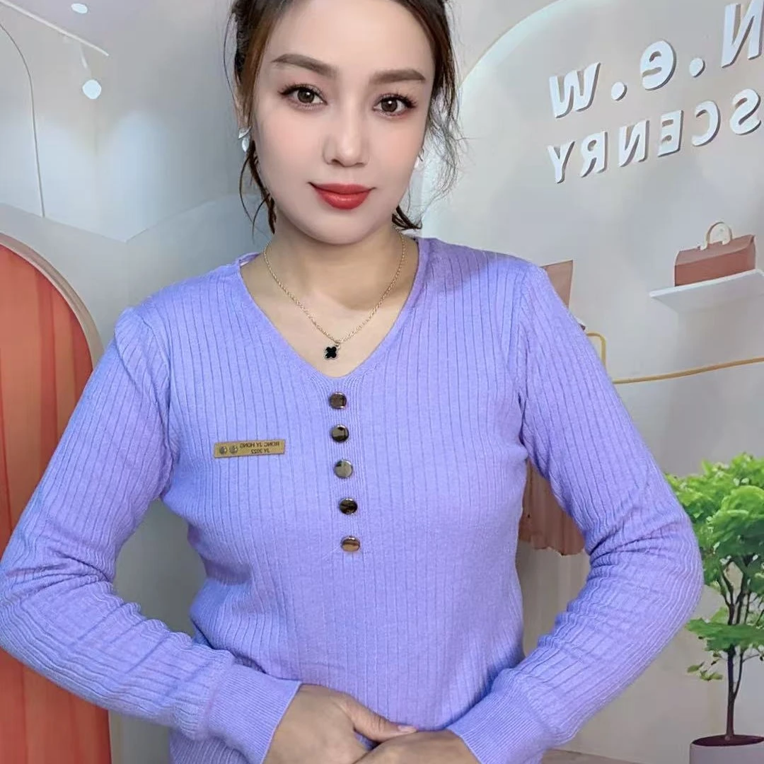 针织扎染中长款V领长袖毛针织衫百搭女装毛衣衫