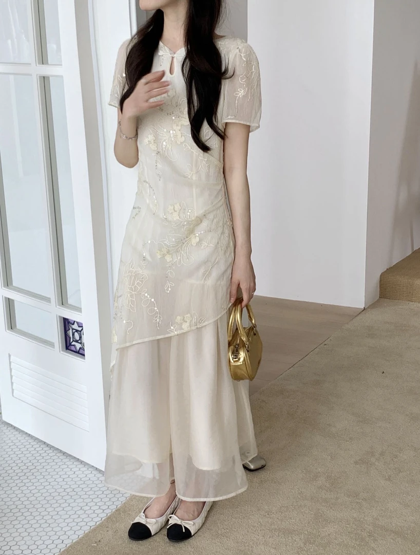 斜襟长裙刺绣收腰夏季提花幂式穿搭1336