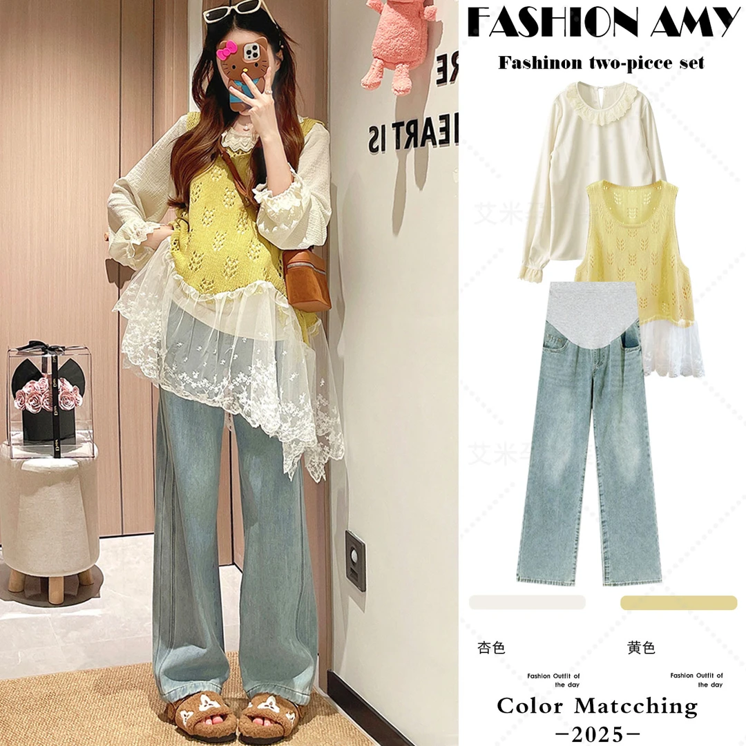 孕妇装秋季套装新款时尚韩版蕾丝长袖上衣显瘦镂空马甲休闲牛仔裤