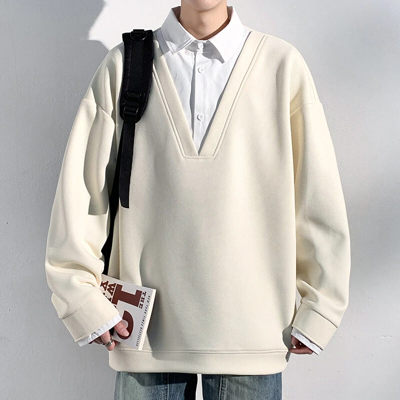 隐匿者2025春季新款男士假两件衬衫领卫衣韩版潮流百搭宽松外套男