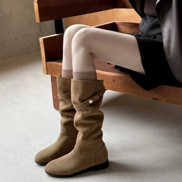 绒面高筒骑士靴女秋冬新款可折叠堆堆靴长靴美拉德皮带扣长筒靴