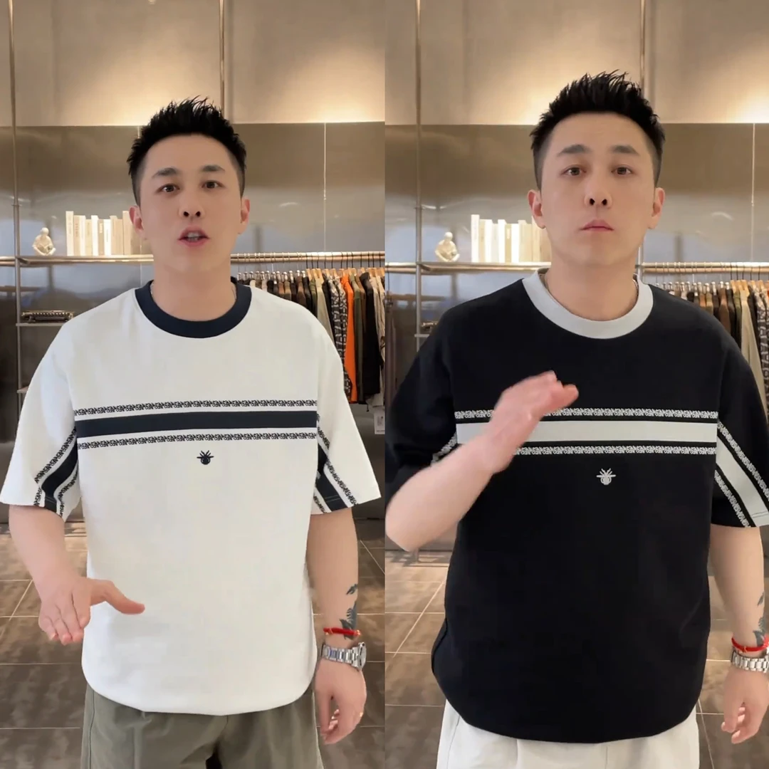 夏季新款潮牌时尚拼色横幅拉花刺绣圆领半袖男士宽松百搭休闲短袖