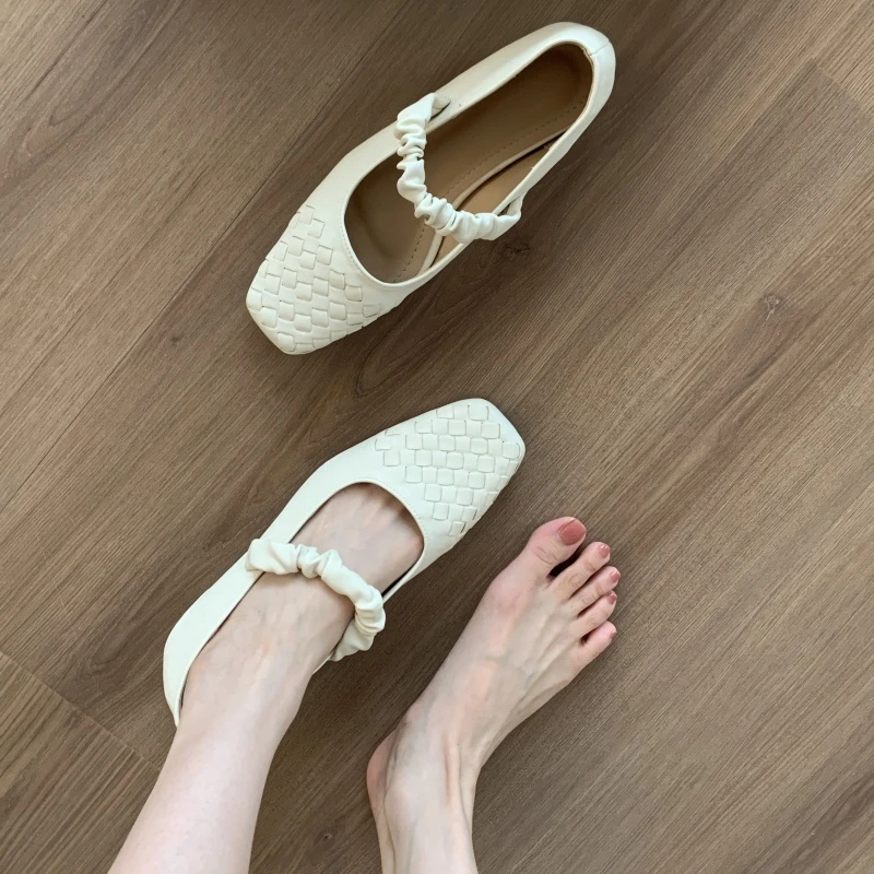 内增高方头玛丽珍鞋女鞋子2025年春秋新款复古编织一字带浅口单鞋