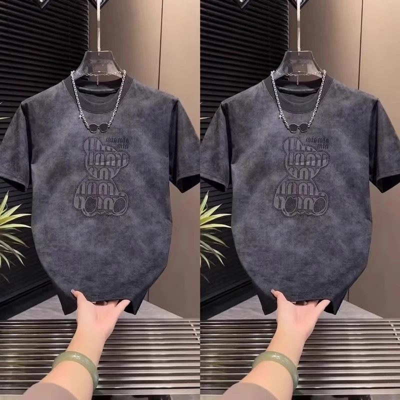 KOYENEMAL库约内姆2025夏季新款男士百搭烫钻短袖T恤时尚卡通小熊