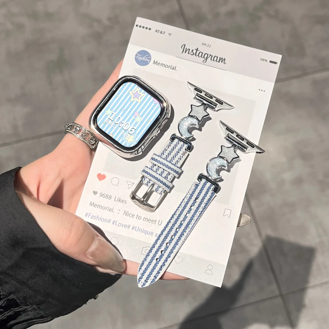 星月贝母适用苹果手表S10表带iwatch腕带apple watchs11真皮帆布9