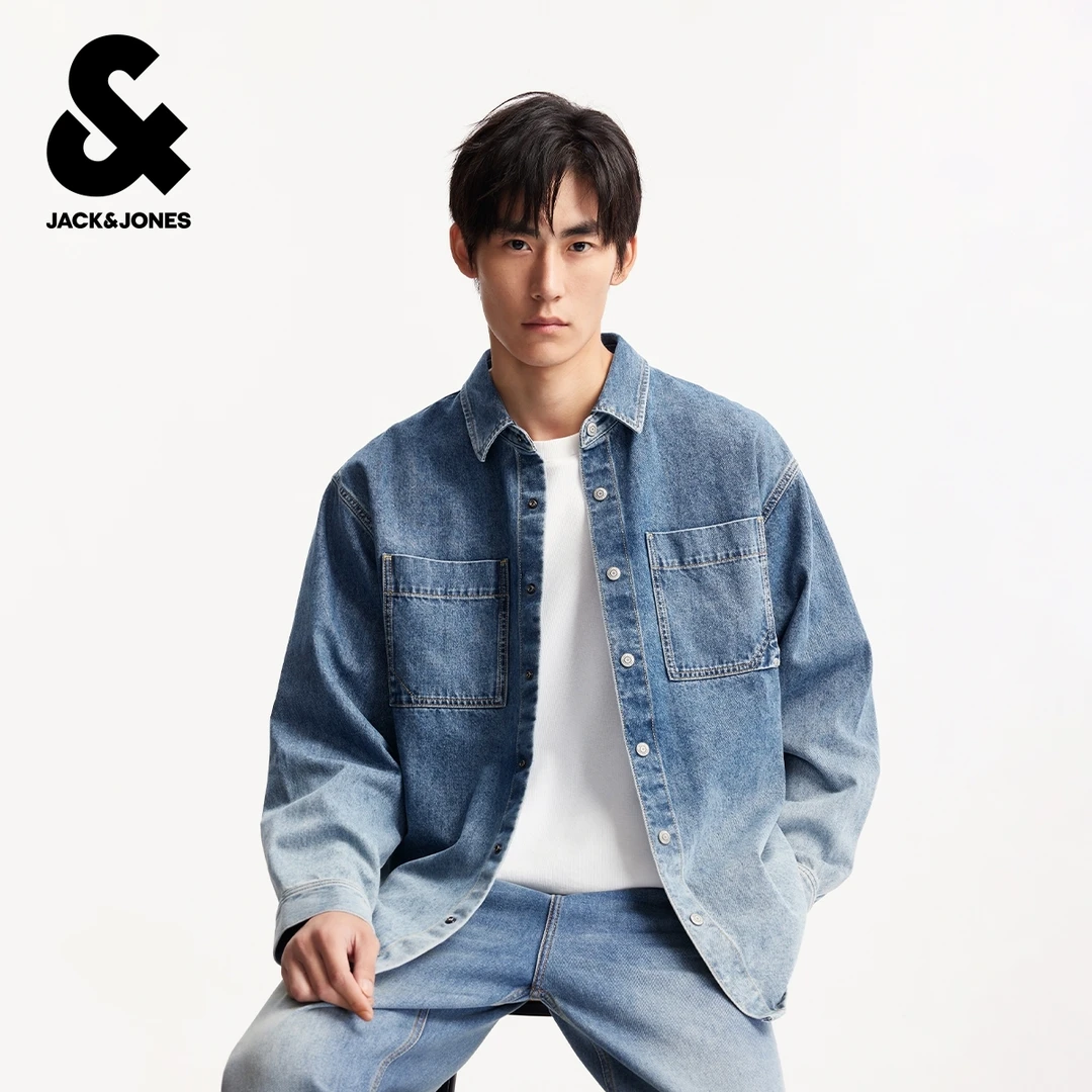 杰克琼斯春季男装牛仔衬衫外套宽松版型翻领纽扣门襟时尚百搭潮流