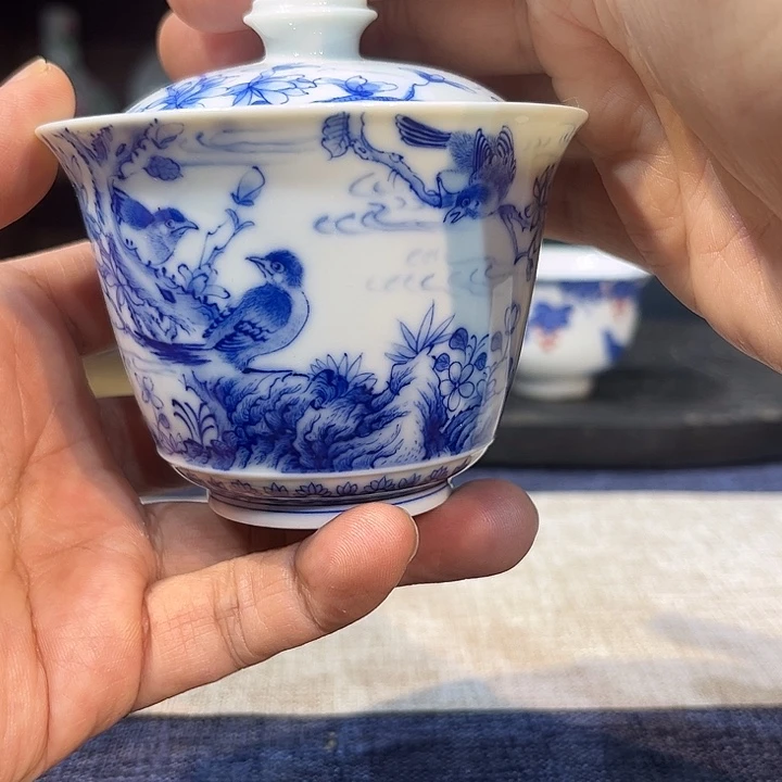 陶盖碗青花花鸟纹盖碗