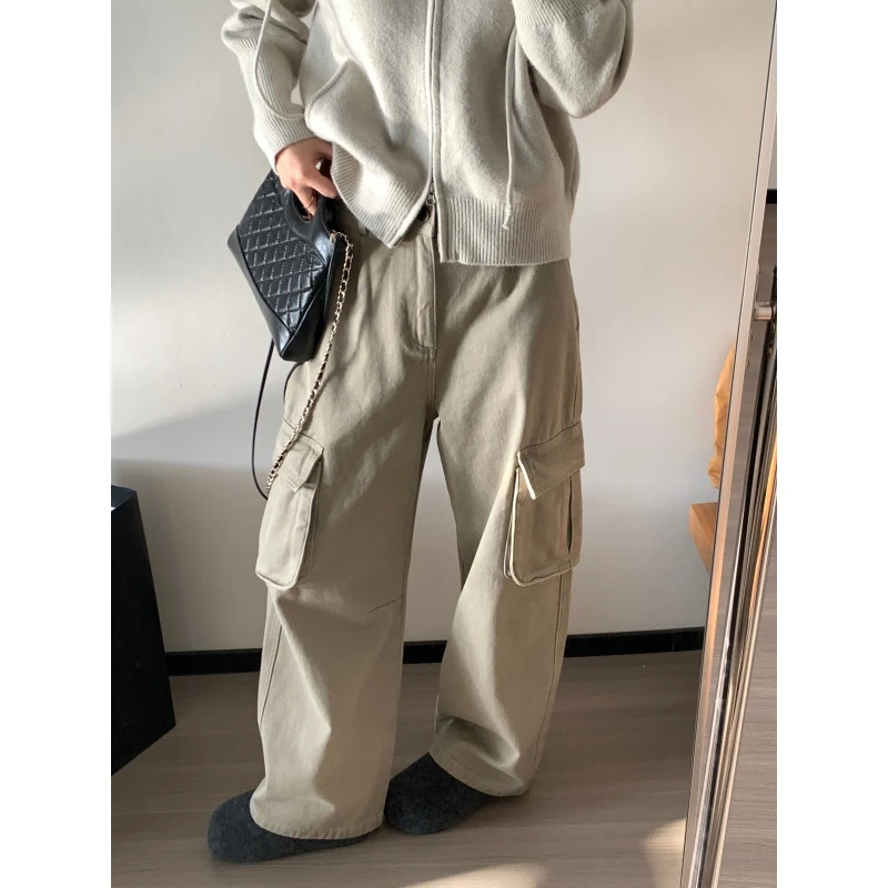 JMHH【痞帅】磨毛绒水洗工装裤女秋冬户外高腰直筒显瘦牛仔裤长裤