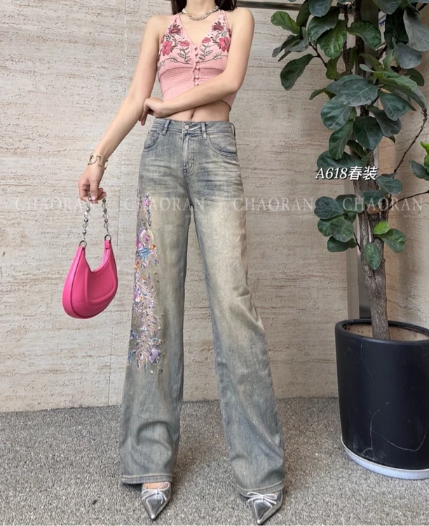 超然2025女神范凤凰刺绣显瘦直筒牛仔裤做旧休闲风_618