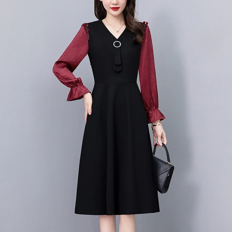 职场气质假两件套拼色修身中长款大码女装胖mm长袖连衣裙春秋新款