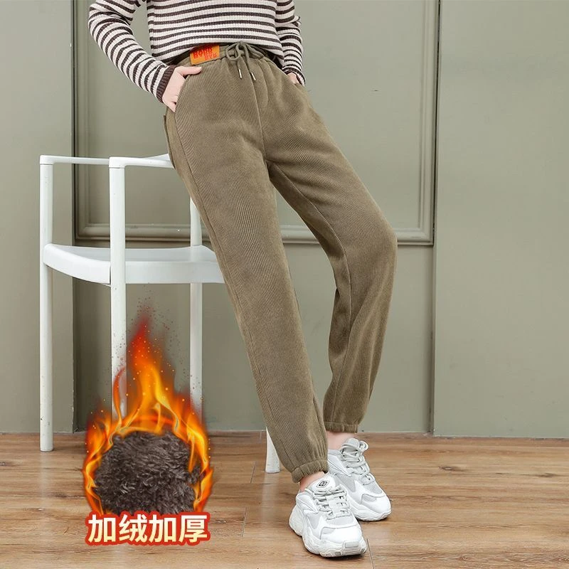 玫瑰太太加绒加厚秋冬宽松束脚高腰显瘦小脚卫裤百搭休闲运动裤女