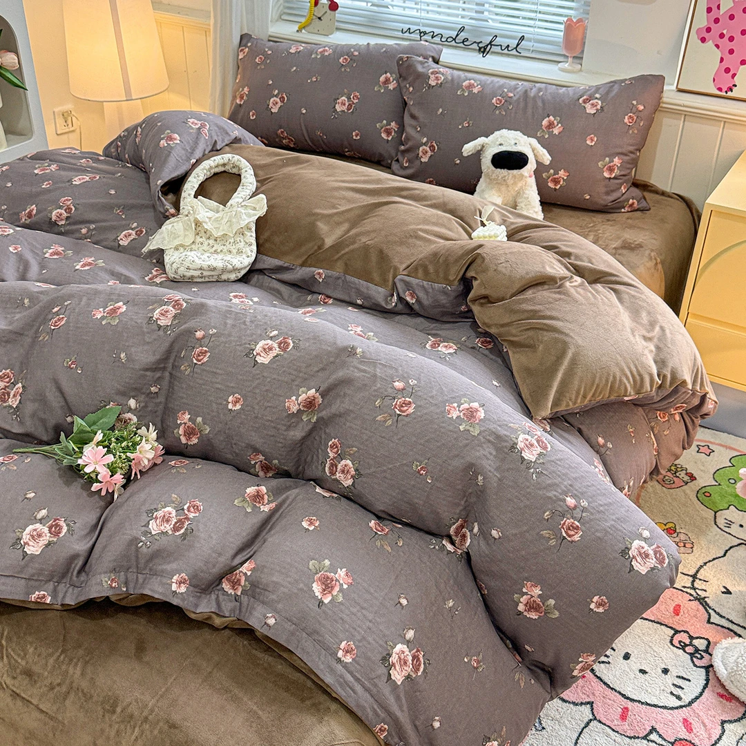 2025秋冬新款棉加绒全棉双层纱宝宝绒工艺款花边四件套-单件床笠