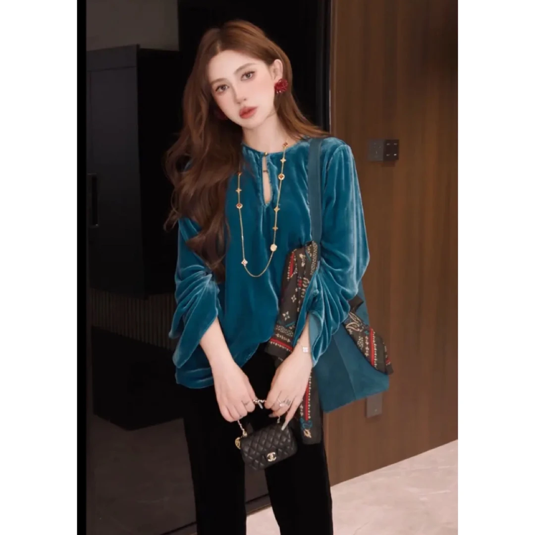 早秋款丝绒长袖上衣新中式轻奢风格