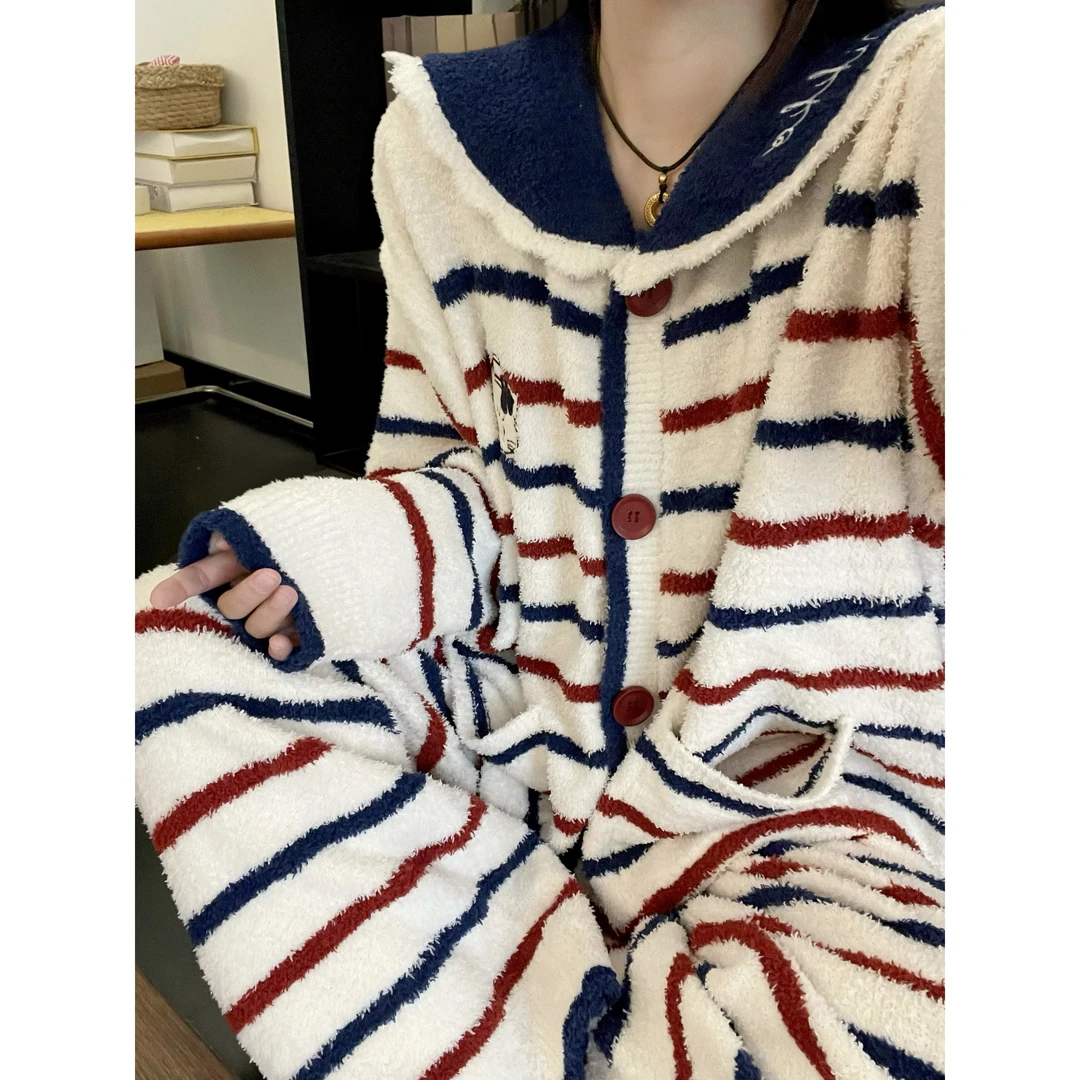 少女卡通玛丽猫条纹半边绒睡衣女2025冬季新款保暖长袖家居服套装
