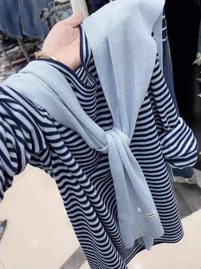 美式简约日常通勤舒适百搭气质针织衫披肩女2025早秋圆领薄款长袖