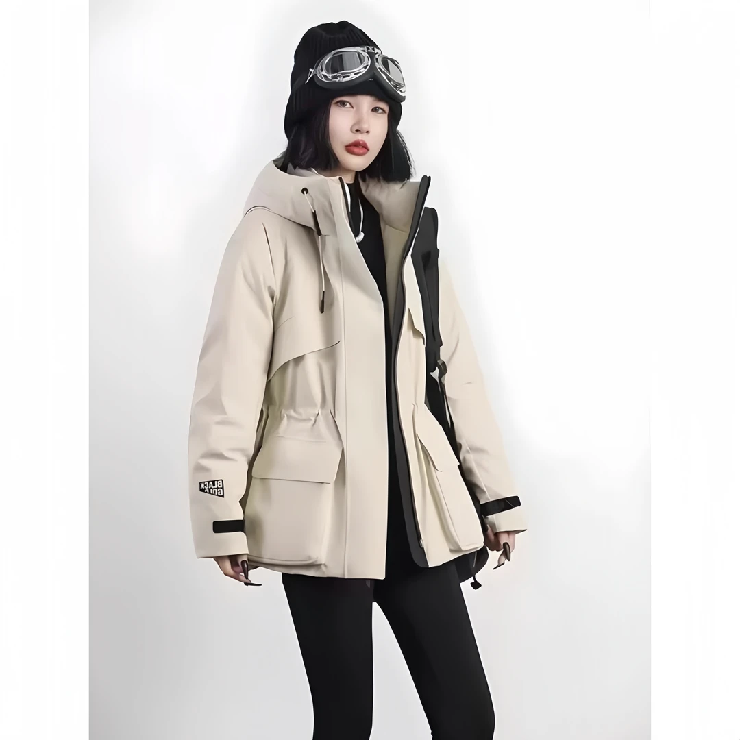 杨幂同款黑金连帽派克服女2025冬季新款收腰宽松加厚冲锋衣棉服