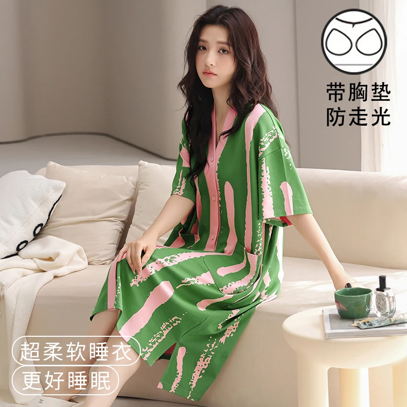 带胸垫睡裙女款夏季薄款可外穿2025新款高级感韩版睡衣绿色家居服
