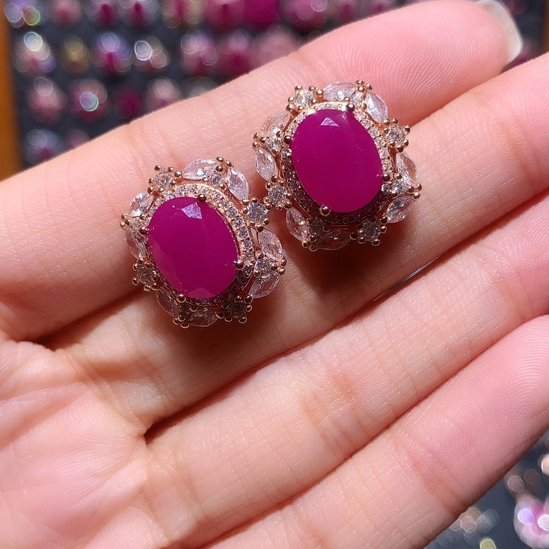 红宝石耳饰银S925镶嵌