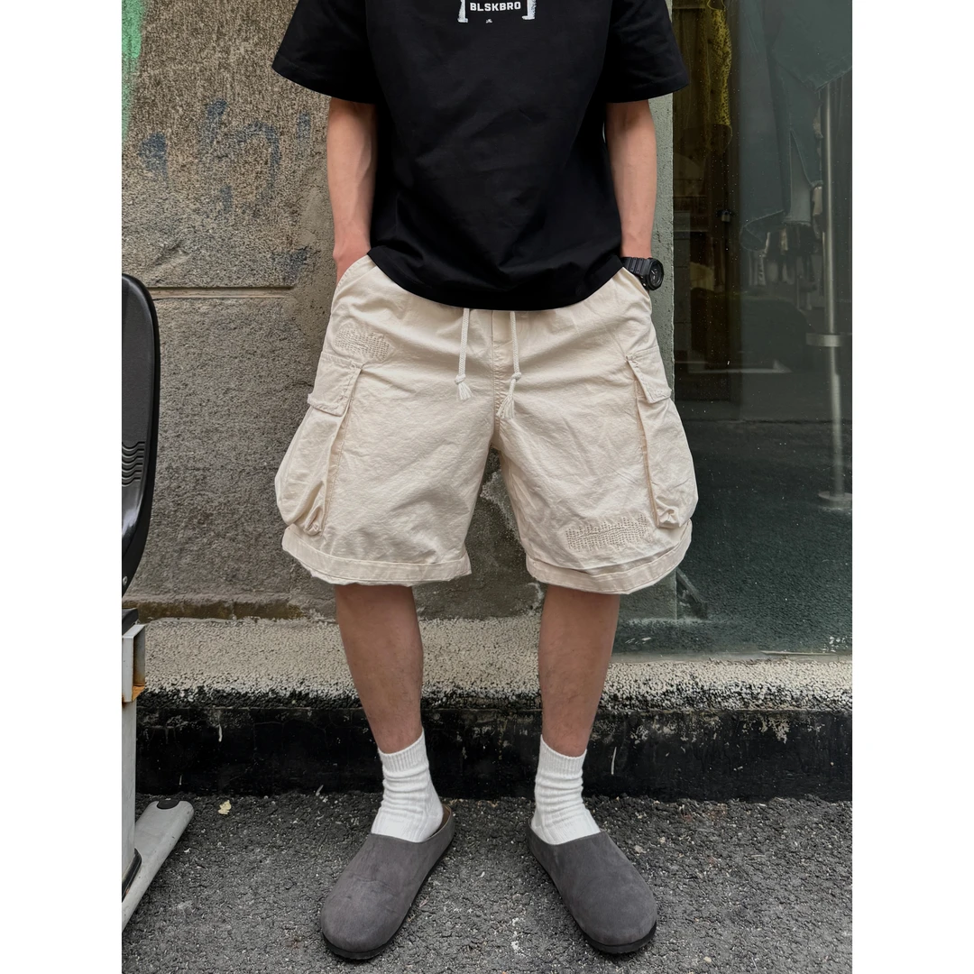 【SFANG】夏季美式重磅水洗做旧磨破纯色洗水棉大口袋男士工装短裤