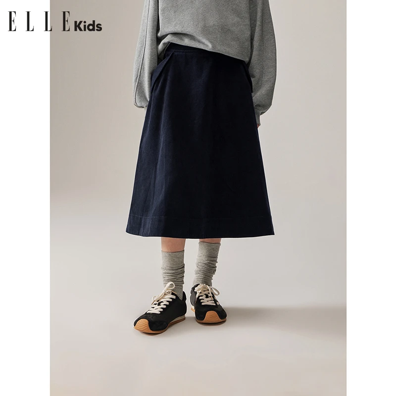 ELLE KIDS童装 复古时髦宽腰灯芯绒女儿童秋季新款A字廓形半裙F2