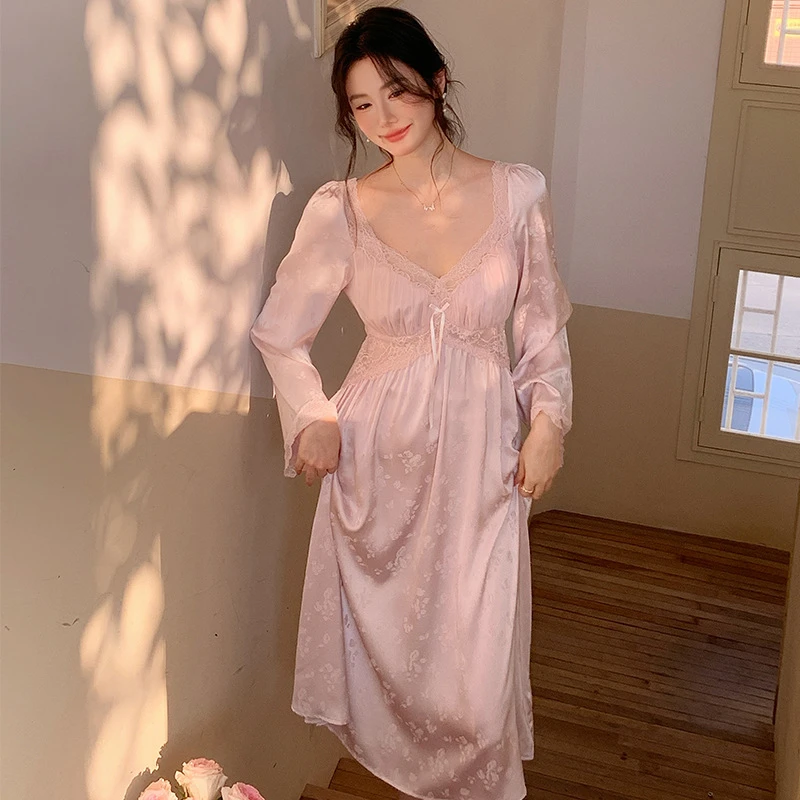 【米果睡裙】法式宫廷复古风长款长袖睡裙女春季纯色气质睡衣家居服