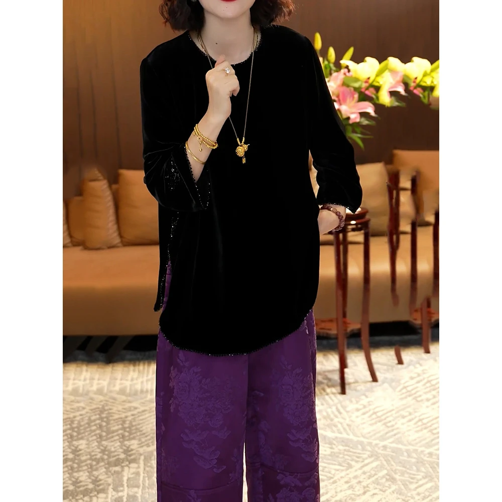 洋气贵夫人高级感裤套装2025秋季新款轻奢洋气黑色圆领衬衫+裤子