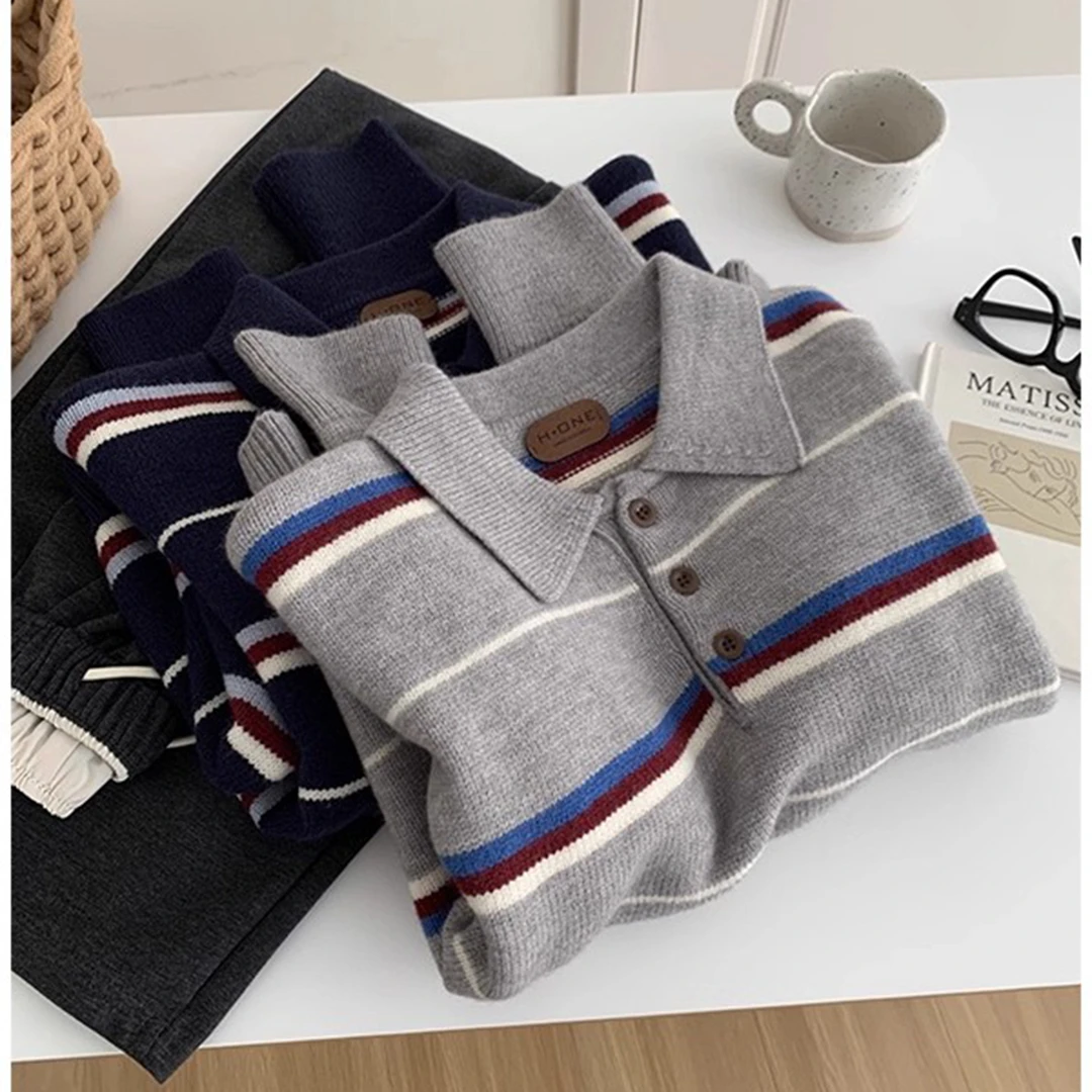 特大码300斤韩系休闲撞色条纹翻领针织衫女秋冬季软糯款毛衣外套