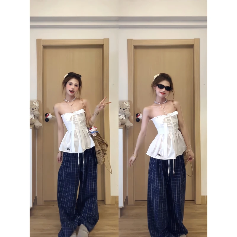 甜美可爱风格衣服收腰花边抹胸吊带上衣格子休闲裤女慵懒风拖地裤