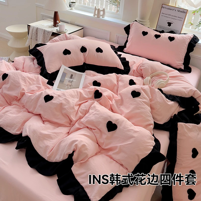 韩版公主风四件套ins法式花边被套罩非全纯棉床单人女宿舍三床品4