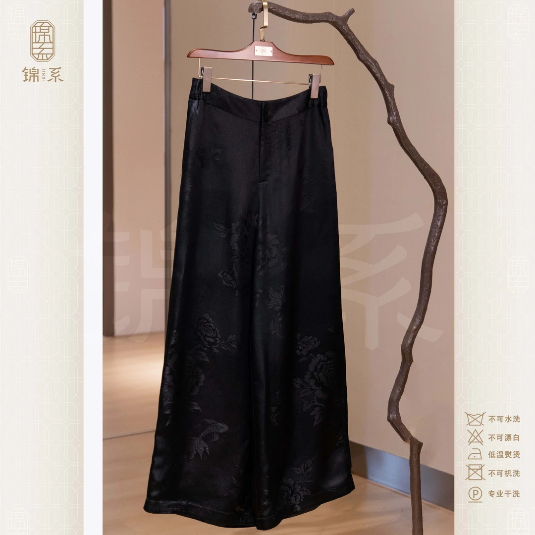 【锦系】真丝老缎新中式国风桑蚕丝两侧松紧腰阔腿裤K-383280