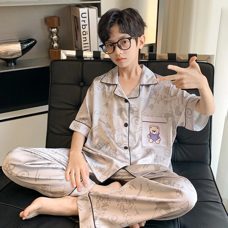 儿童睡衣男童夏季2025新款冰丝薄款大童青少年夏装高级家居服男孩