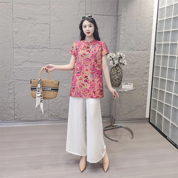 夏季新款女装短袖立领印花时尚气质高端洋气松紧腰套装两件套女孩