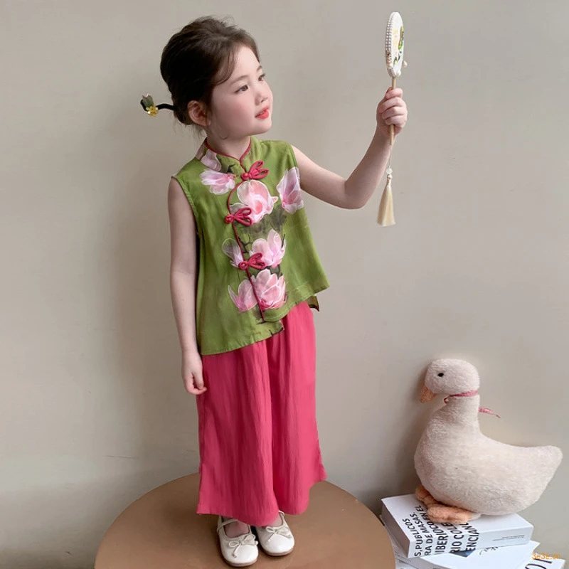 夏季女童套装2025新款复古盘扣国风时尚无袖上衣洋气新中式两件套