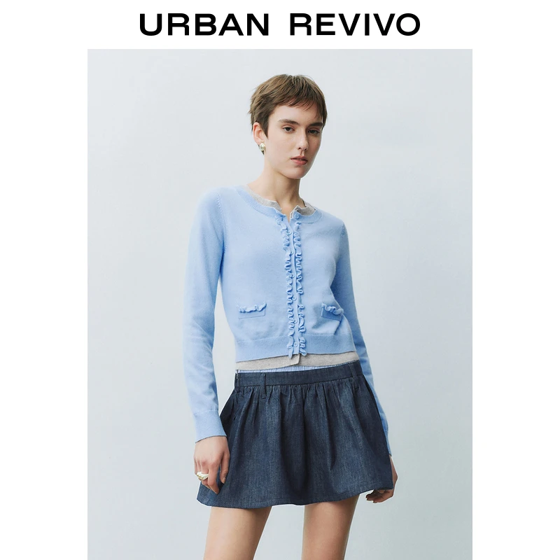 UR2025秋季新款女装撞色假两件木耳边针织开衫UYU950050