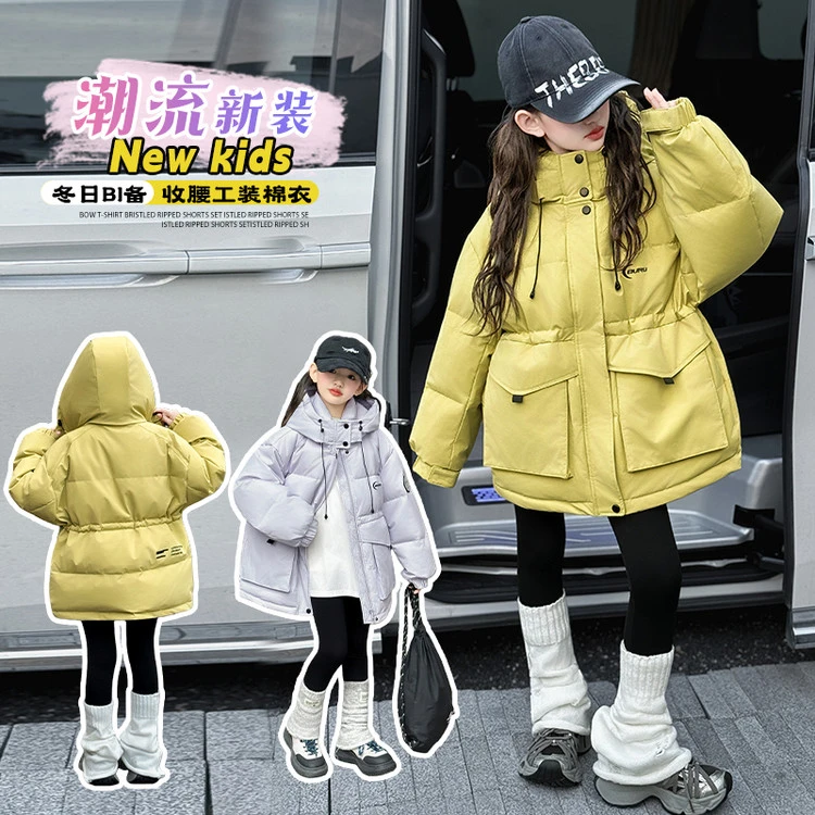 【丫丫童装】2025新款女中大童连帽派克工装大口袋棉衣-L714