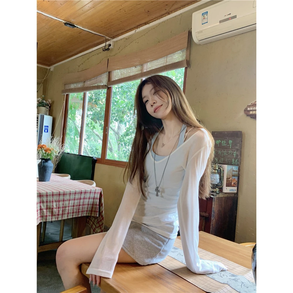 纯欲风套装V领薄款罩衫T恤女夏季长袖内搭挂脖背心上衣时尚两件套