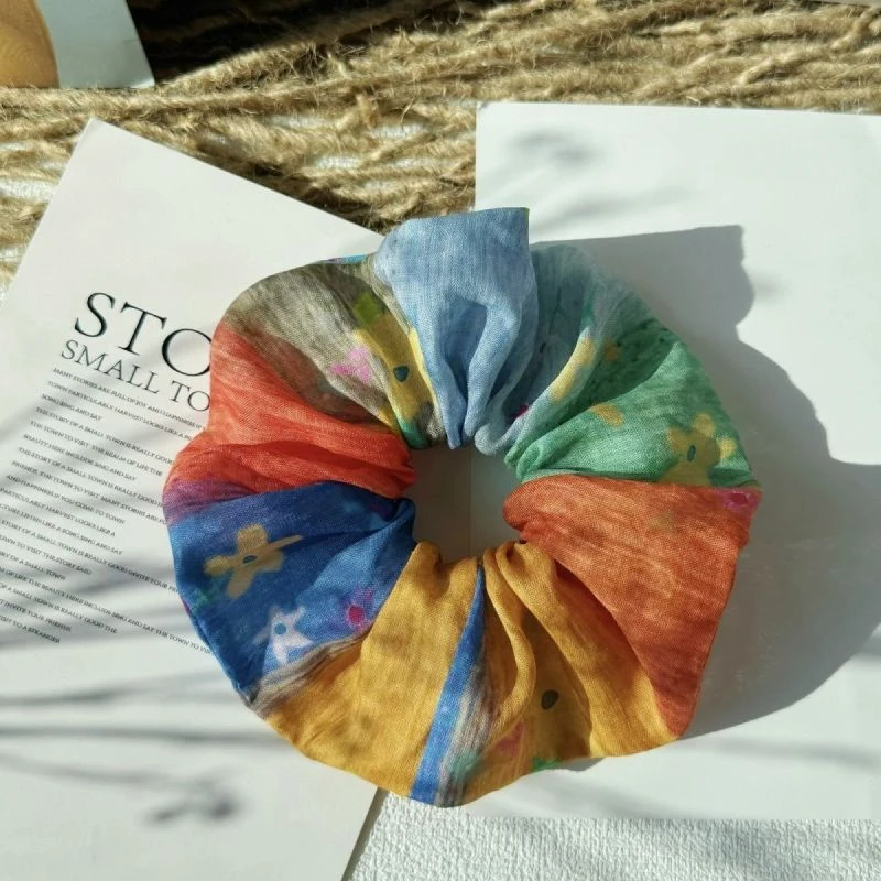 波西米亚风文艺复古原创不规则拼接苎麻手工大肠发圈绿蓝黄色发圈